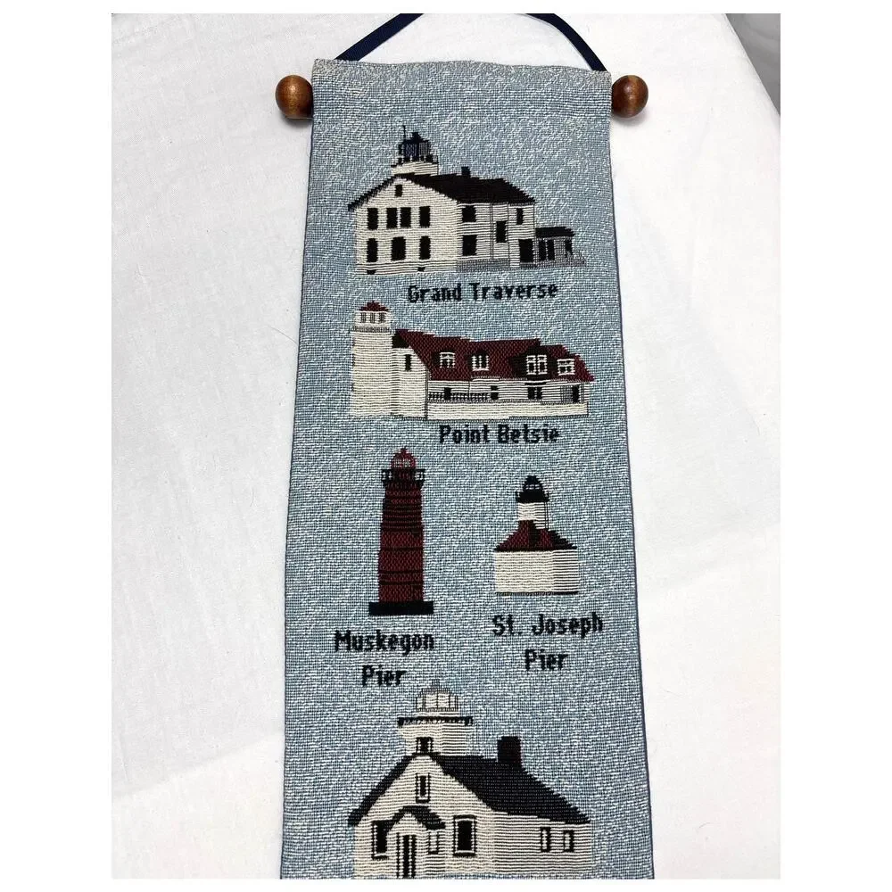 Vintage Woven Tapestry Wall Hanging Michigan Lighthouses Cottage Costal Decor